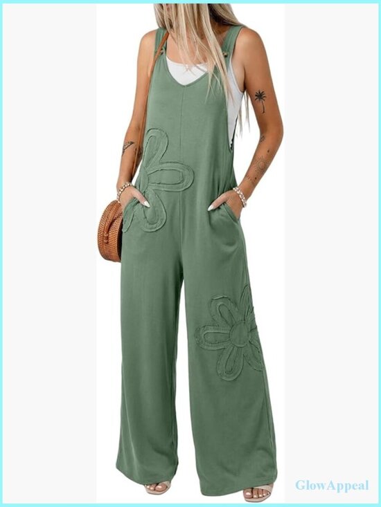 Pants - Baggy Wide Leg Jumpsuit Floral Pockets Loose Sleeveless Romper